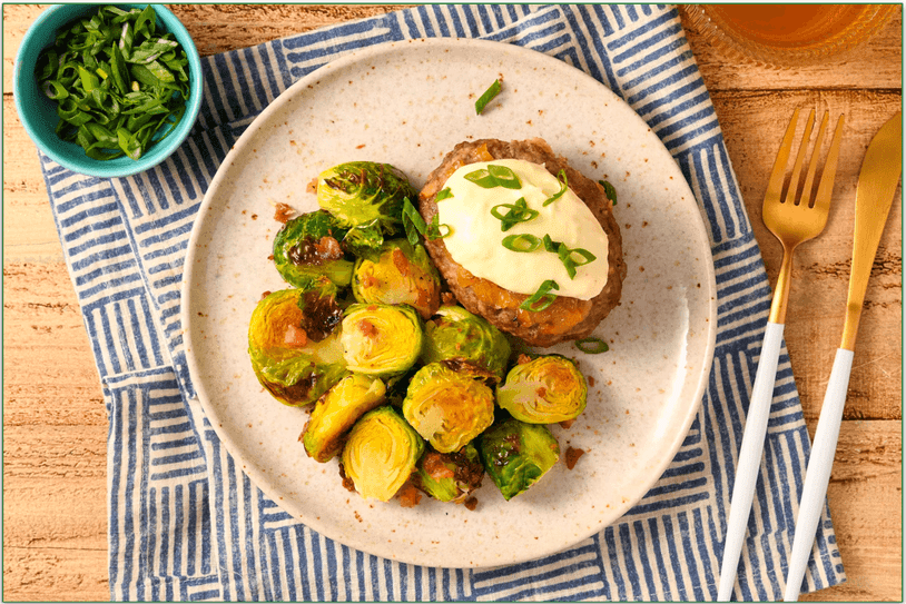 Home Chef's French Onion Beef Meatloaf with crispy bacon Brussels sprouts and green onions