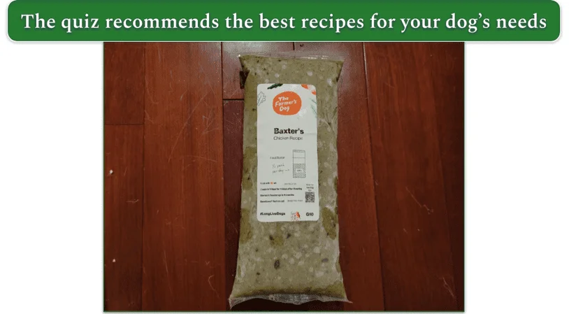 A pack of TFD chicken recipe personalized for our reviewers dog