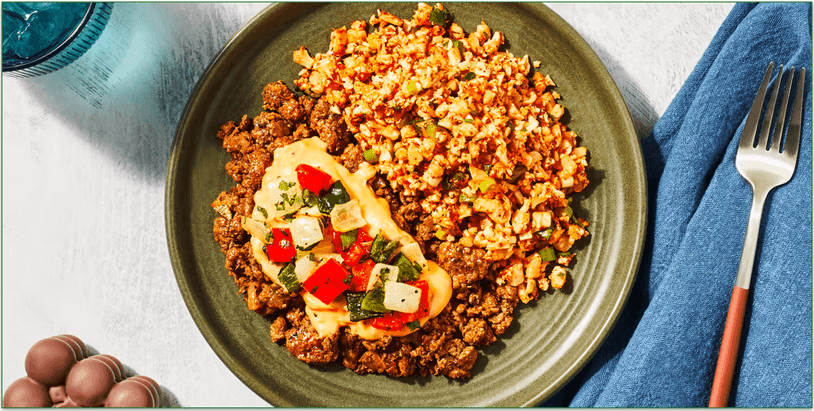 Factor's Santa Fe Beef Bowl with Green Chile Cheese Sauce & Mexican Cauliflower Rice.
