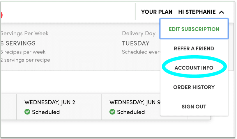 Green Chef's account section