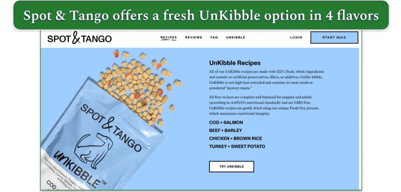 Screenshot of Spot & Tango’s UnKibble page showing 4 recipes listed