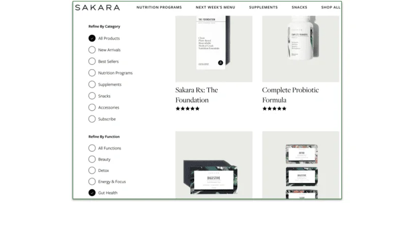 a screenshot of the list of filters in the sakara shop