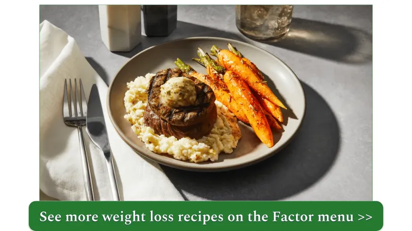 Truffle Butter Filet Mignon with Potato-Leek Mash & Roasted Carrots (550 calories)