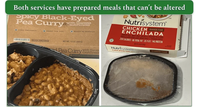 BistroMD's Spicy Black-Eyed Pea Curry and Nutrisystem's Chicken Enchilada meals in microwaveable trays next to the packaging