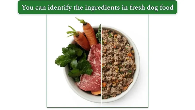 image of a bowl of The Farmer's Dog dog food split in half with fresh ingredients on one side and the fresh recipe on the other