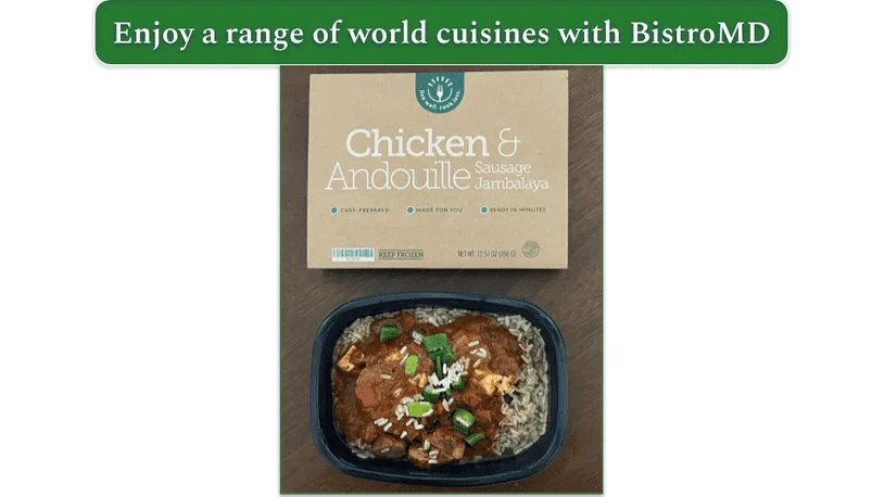 Chicken and andouille sausage jambalaya box with the microwave meal next to it