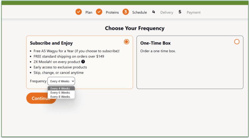 Crowd Cow's subscription frequency screen