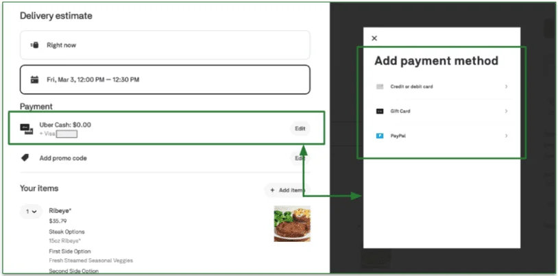 screenshot of adding and editing the payment method for a Postmates delivery