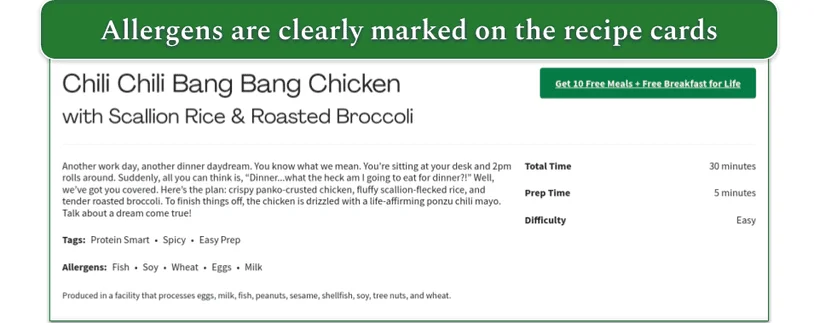 Allergen info on a HelloFresh recipe card