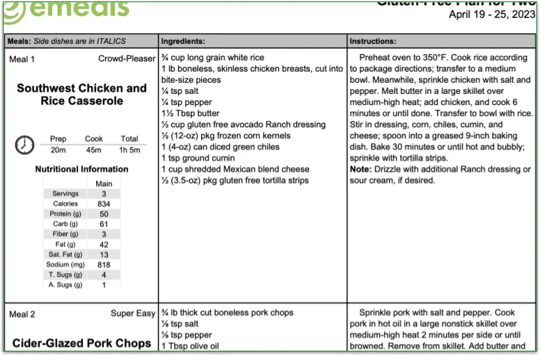 screenshot of eMeals weekly plan PDF
