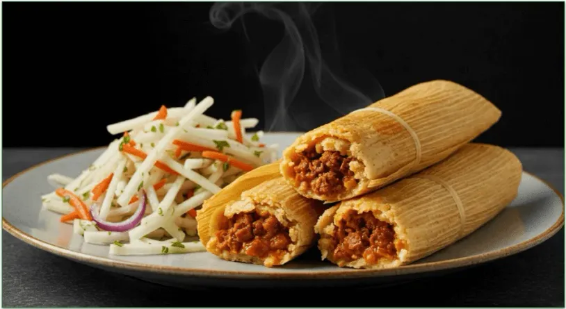 Jicama slaw on a plate beside 3 stacked tamales