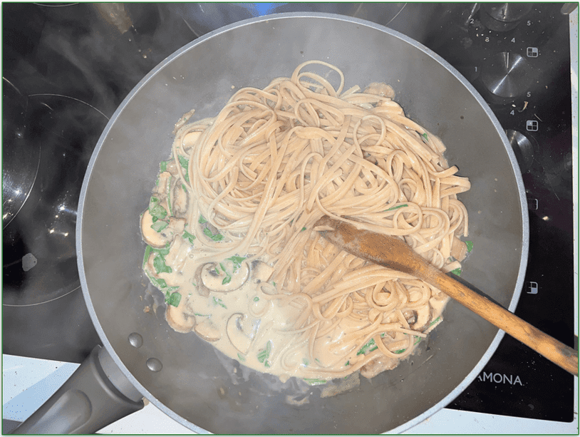Green Chef’s Mushroom Truffle Linguine cooking in a pan