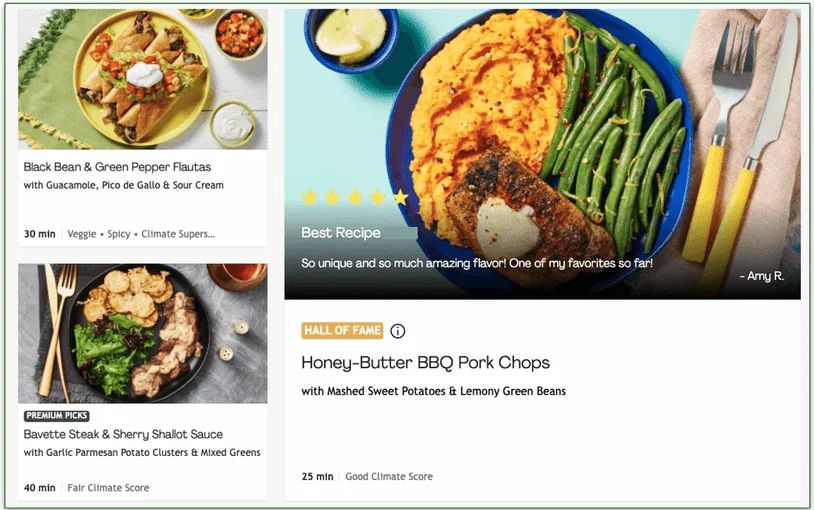 Screenshot of HelloFresh's weekly menu page.