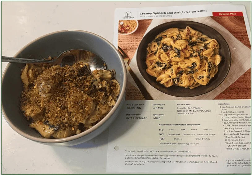 Image of Home Chef's Creamy Spinach and Artichoke Tortellini in a bowl + its recipe card