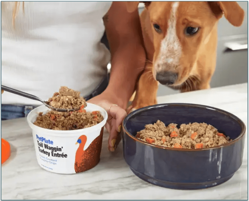 someone portioining a container of petplate's fresh turkey recipe into a bowl with a dog watching
