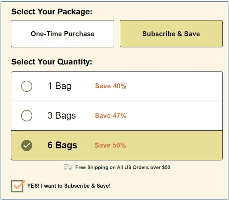 Badlands Ranch lets you buy 1, 3, or 6 bags in one-time or subscription orders
