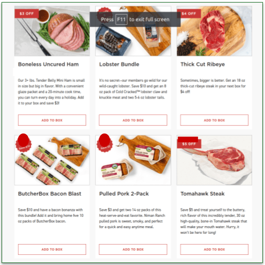 ButcherBox's Add-ons menu