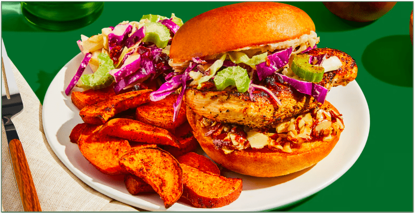 screenshot of Green Chef's Smoky Chicken Sandwiches with honey butter, candied almonds, slaw, roasted sweet potato