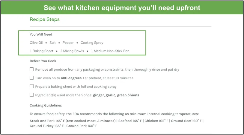 Screenshot of kitchen equipment requirements for a Home Chef recipe
