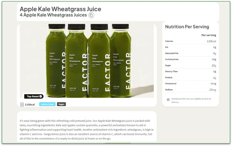 Screenshot of Factor's Apple Kale Wheatgrass Juice page with a description and nutritional information