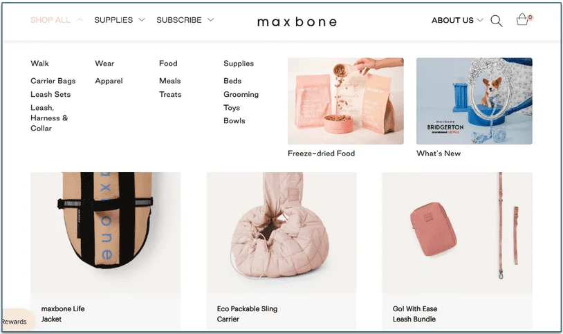 Maxbone's shop categories for Walk, Wear, Food, and Supplies