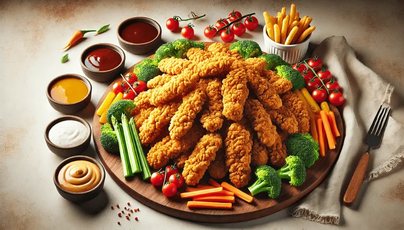 Platter of cooked chicken tenders surrounded by vegetables, sauces, and fries