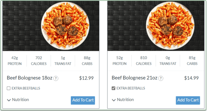 Prices for the Beef Bolognese meal with and without the extra meatballs