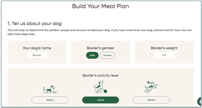 screenshot of the first few questions in the Freshpet Delivery quiz