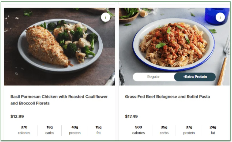 2 dishes on Metabolic Meals' menu with prices