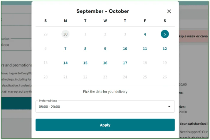 EveryPlate's delivery calendar
