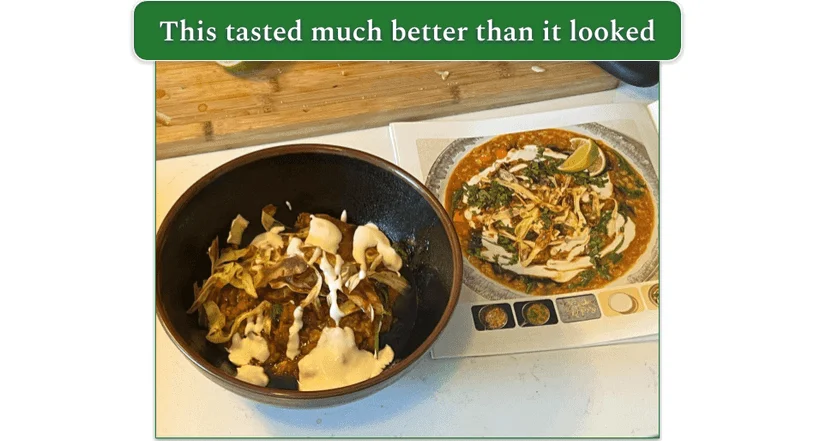 Reviewers red lentil soup with the recipe card next to it showing what it should have looked like