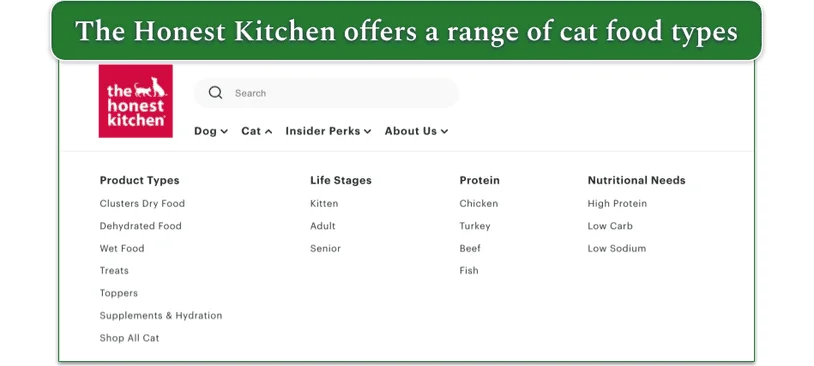 Screenshot of The Honest Kitchen’s drop-down menu for cat products