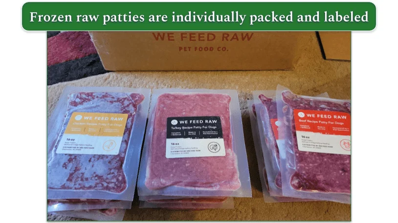 Image of We Feed Raw's patties, right out of the box