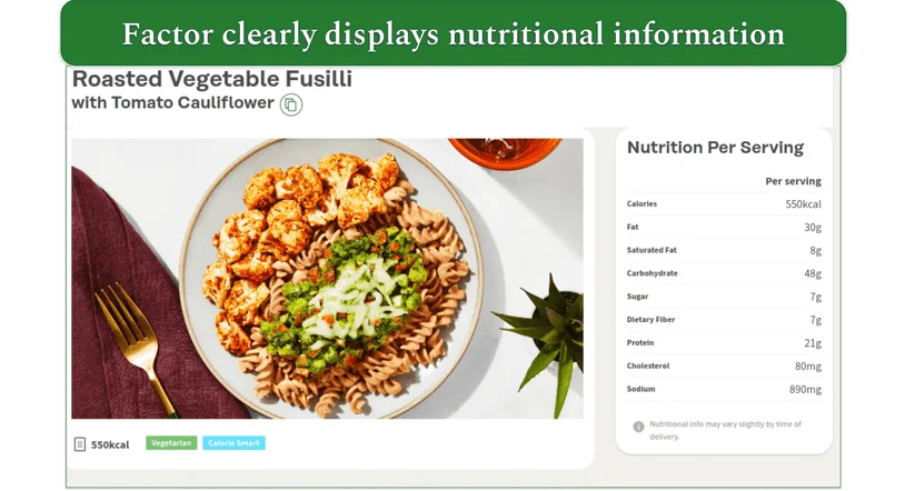 Nutritional information for a Factor meal