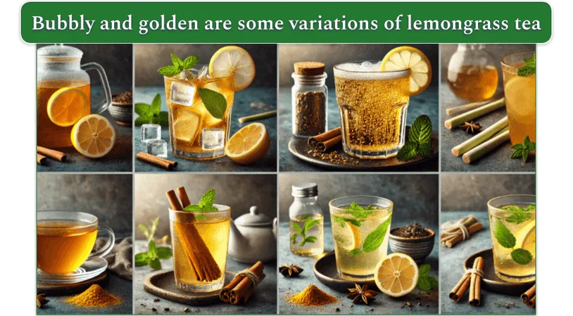 An image containing different versions of lemongrass tea in a grid