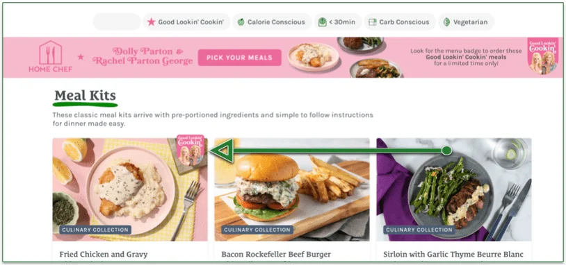 Screenshot of Home Chef's weekly menu with a Good Lookin Cookin badge highlighted