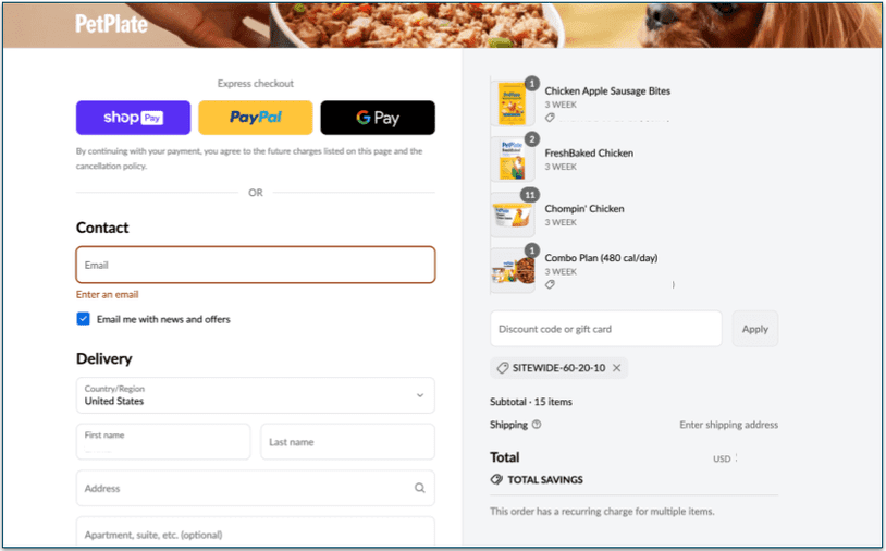 PetPlate's checkout page