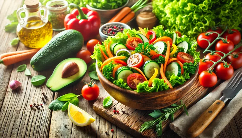 image of a salad in a bowl surrounded by ingredients