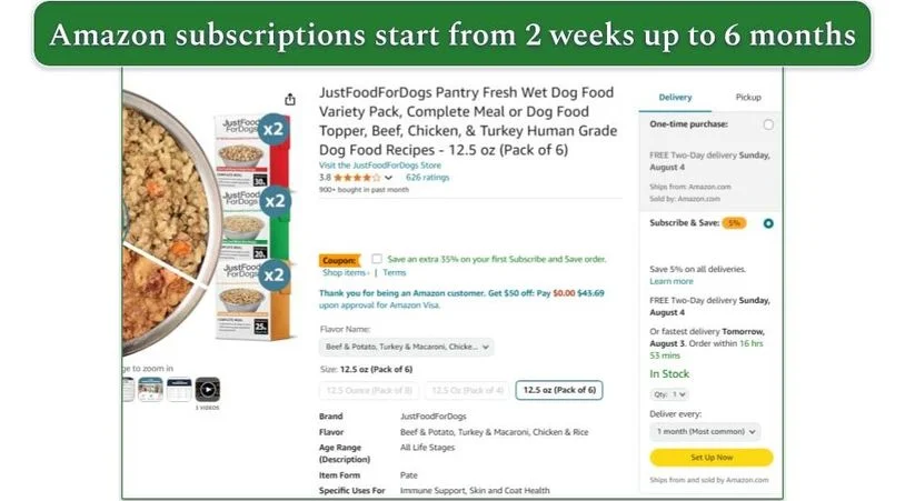 JustFoodForDogs' selection pack on Amazon with options for one-time purchasing or subscriptions