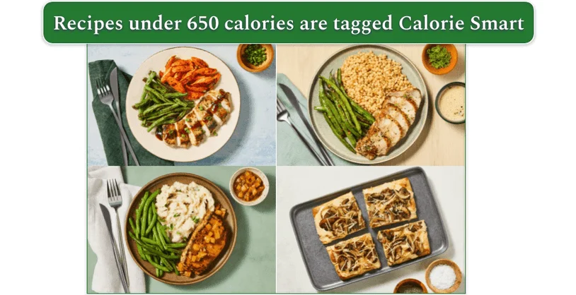 4 recipes from HelloFresh that are part of the Fit  & Wholesome menu and are tagged Calorie Smart on the main menu