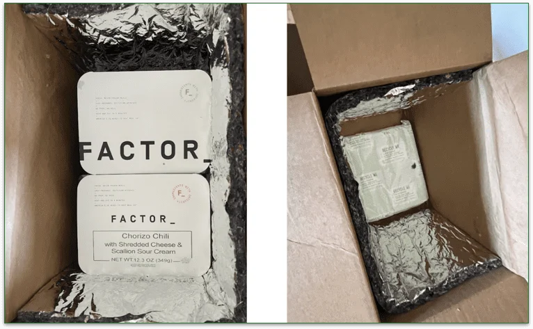 A photo showing an open Factor box with Factor's packaged meals in the box and a photo of the insulation and ice packs