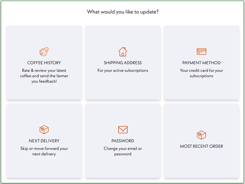 Screenshot of Driftaway Coffe's online account dashboard