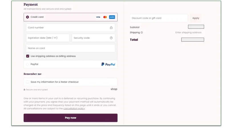 Chiyo's payment screen