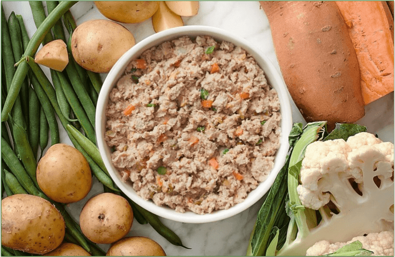 The Farmer's Dog Turkey recipe in a bowl surrounded by fresh vegetables
