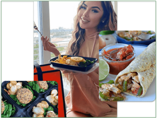 Woman eating a Jet Fuel Meal from the container with a fork and images of other dishes