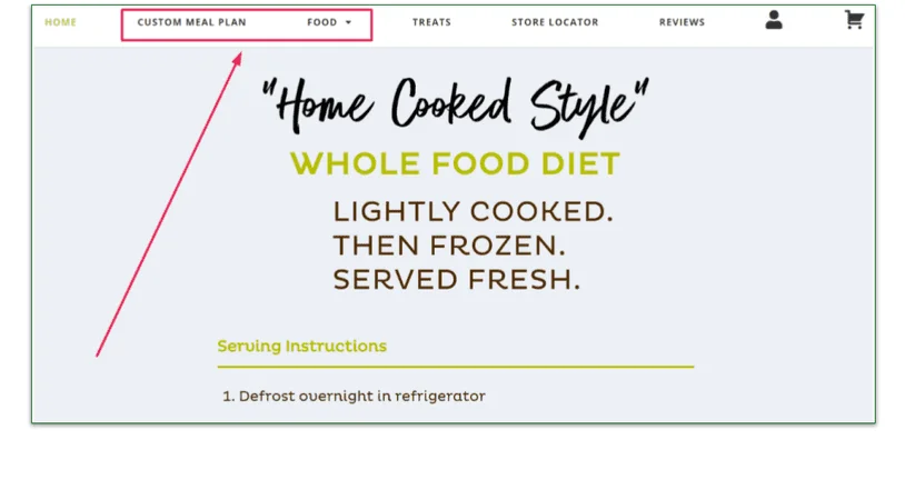 Screenshot of Raised Right's Homepage, with a box showing the Custom Meal Plan and Food headings.