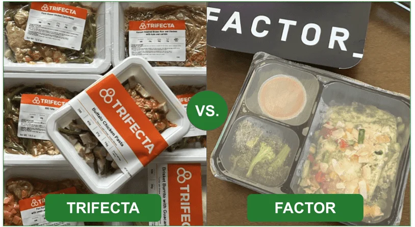 Comparison image of Trifecta and Factor's packaged single serving meals