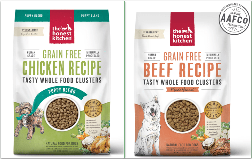 A side by side image of grain free chicken clusters for puppies and for adults