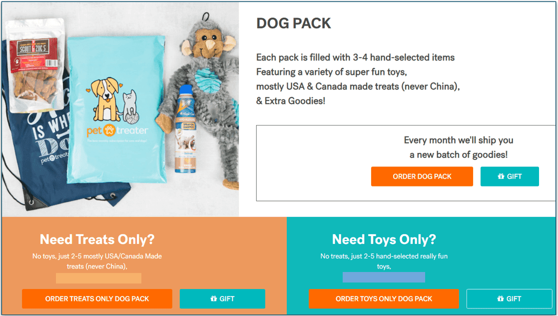 Subscription options for dogs: Dog pack, Treats only and Toys only.