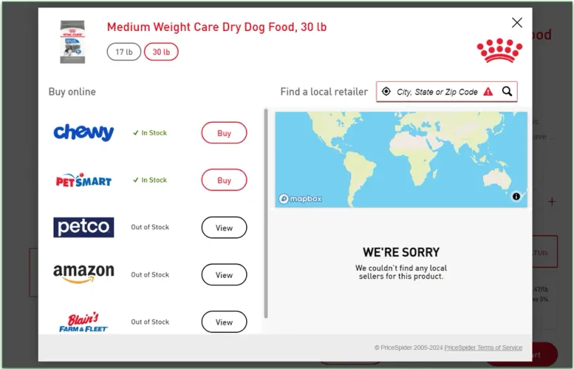 Popup from Royal Canin's store with options for where to buy its products online and a searchable map
